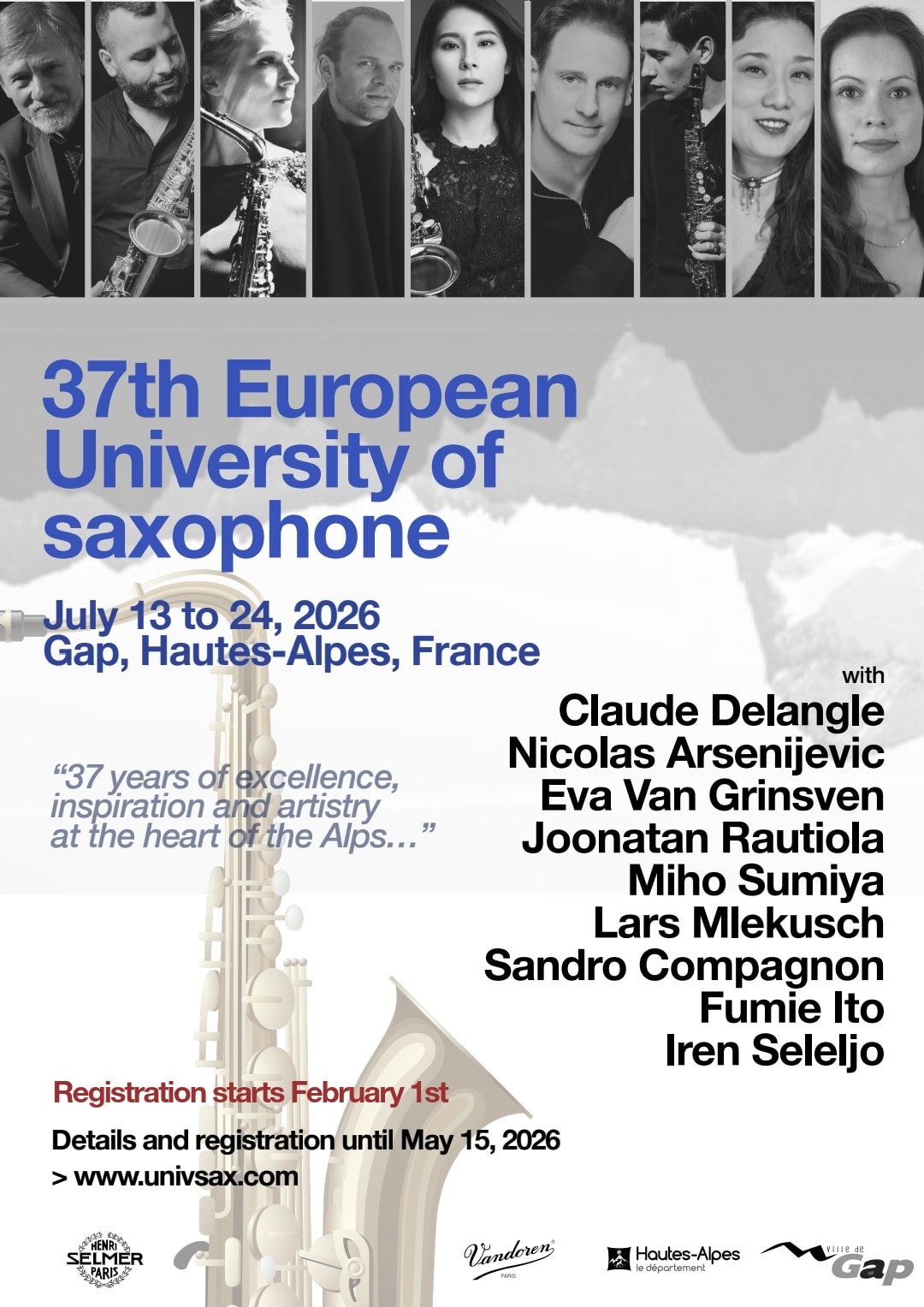 Affiche UES 2026 — stage de saxophone à Gap